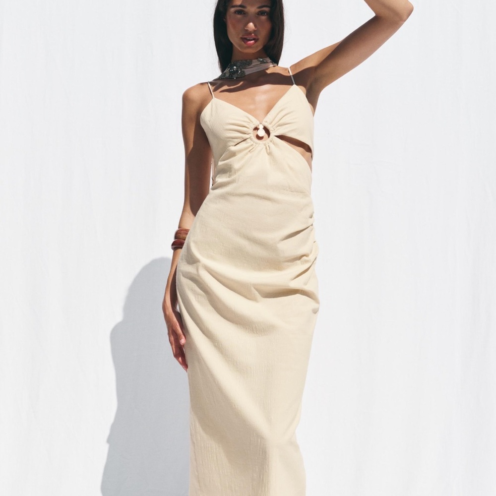 Zara Cut Out Cream Rustic Midi Dress with Gold Accent - XS